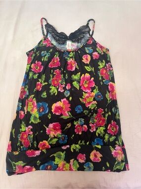 No Boundaries Black Floral Butterfly Lace-Trim Camisole with Pink & Blue Flowers